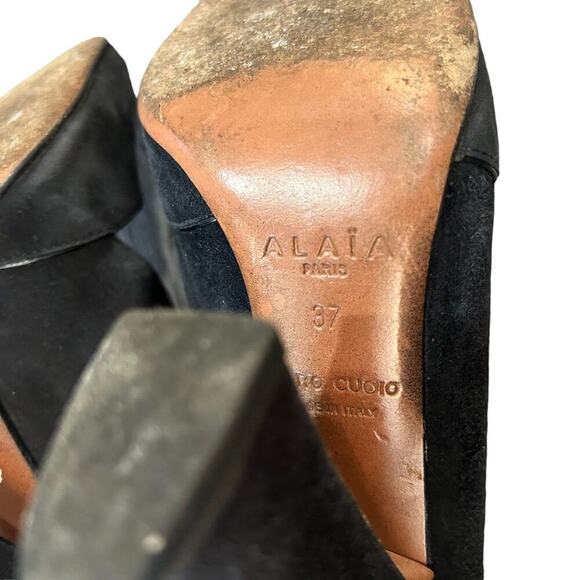 Alaia Paris D'Orsay Suede Pumps Size EU 37 US 6.5 Black Leather Chunk Heels‎ - Picture 7 of 9